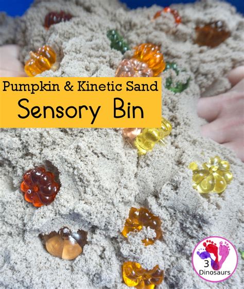 Pumpkin Kinetic Sand Sensory Bin 3 Dinosaurs