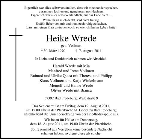 Trauer Und Todesanzeigen Von Heike Wrede Trauer De