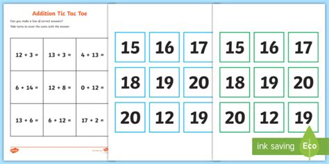 Addition Tic Tac Toe To Twenty Game Teacher Made