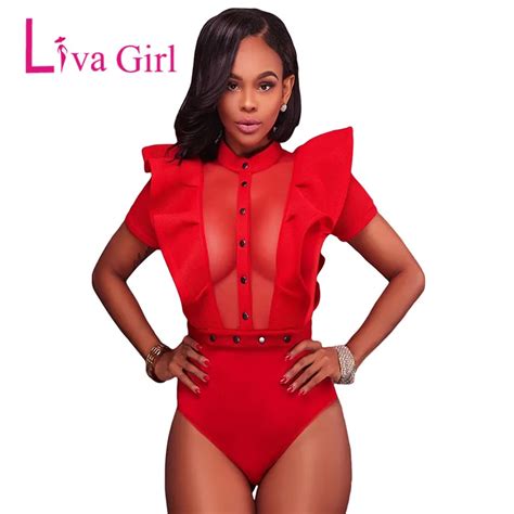 Liva Girl Womens Ruffle See Through Bodysuits Mesh Patchwork Sexy