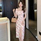 Daybreak Puff Sleeve Square Neck Floral Print Shirred Midi Slit A