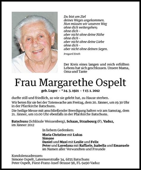 Todesanzeigen Von Margarethe Ospelt Todesanzeigen Vorarlberger