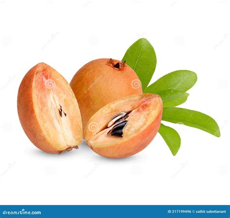 Fresh Sapodilla With Leaves Isolated On White Background Stock Photo