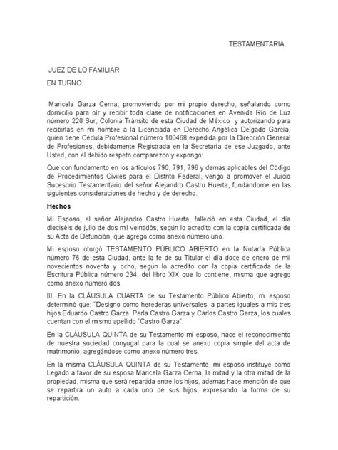 Solicitud De Inicio De Juicio Sucesorio Testamentario Y Convocatoria A