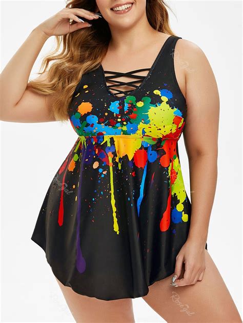 Plus Size Splatter Paint Criss Cross Boyleg Tankini Swimwear Off