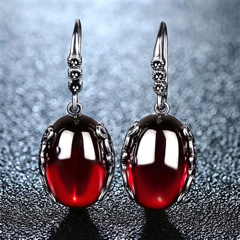 Long Drop Earrings Natrual Red Garnet Sterling Silver Earring