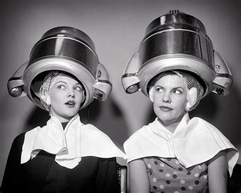 1950s Two Women Sitting Under Beauty Salon Hair Dryers Wearing Hairnets ...