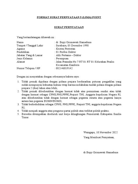 Format Surat Pernyataan 5 Point Pdf