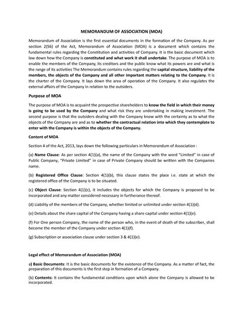 Company Law Unit Part Iii Memorandum Of Association Moa