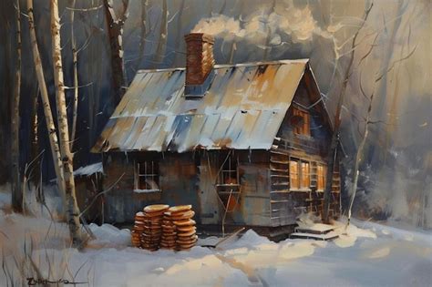 Premium Photo | A painting of a cabin in the woods