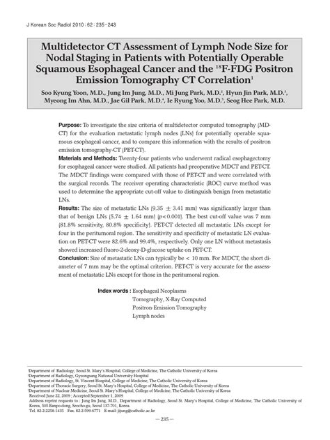 Pdf Multidetector Ct Assessment Of Lymph Node Size For Nodal Staging