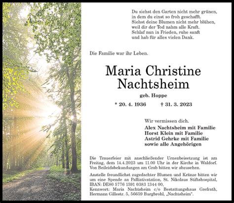 Traueranzeigen Von Maria Christine Nachtsheim Rz Trauer De