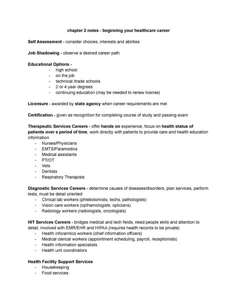 Chapter 2: healthcare careers - chapter 2 notes - beginning your