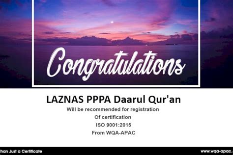 Laznas Pppa Daarul Quran Kembali Raih Rekomendasi Sertifikasi Iso