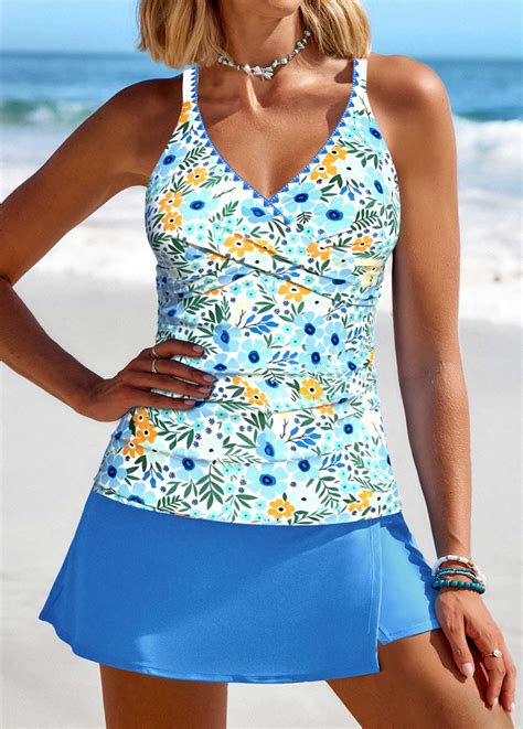 Rotita Criss Cross Sky Blue Floral Print Tankini Set Rotita Usd