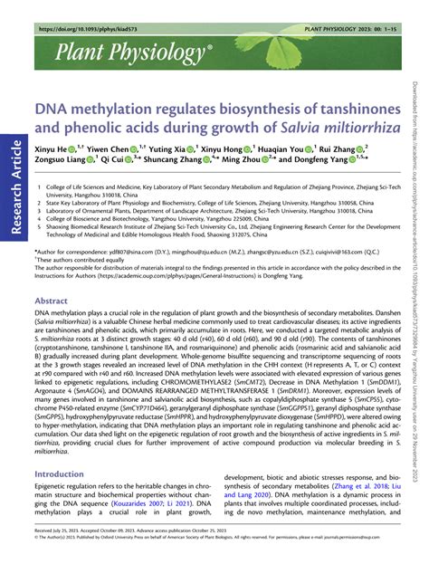 Pdf Dna Methylation Regulates Biosynthesis Of Tanshinones And