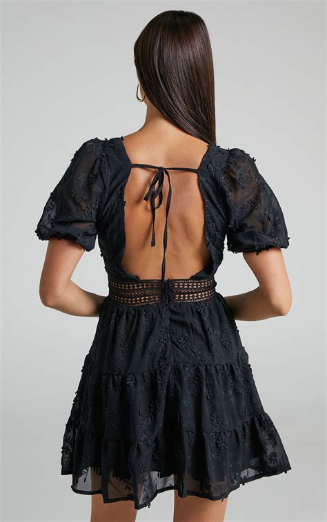 Deiene Mini Dress Lace Trim Broderie Tiered Dress In Black Showpo