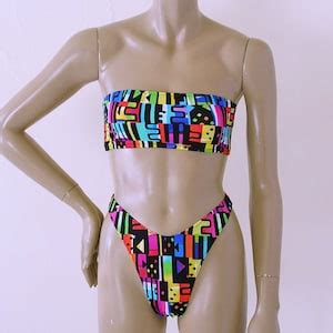 80s 90s Thong Bikini Bottom And Strapless Bandeau Top In Jazz Print In