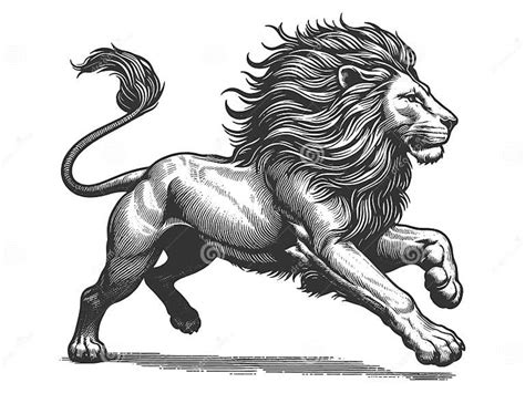 majestic lion  pouncing position tattoo stock illustration