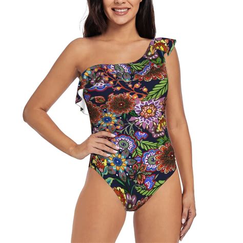 Easygdp Vintage Floral Womens One Shoulder Ruffle Monokini Bathing