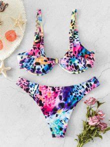 Zaful Leopard Tie Dye Chains High Cut Bikini Swimsuit In Multi A