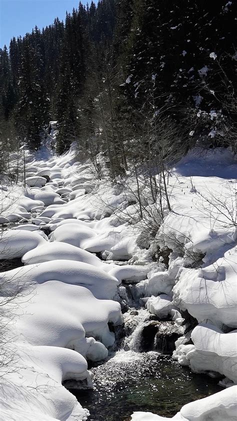 Śnieg na kamieniach w leśnym strumieniu Tapeta na telefon