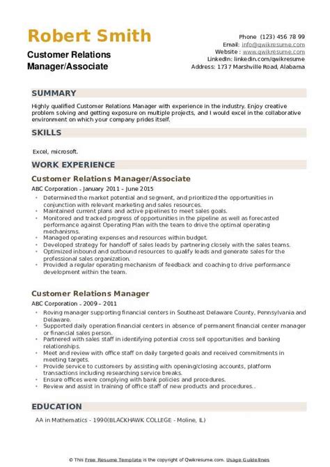 Customer Relations Manager Resume Samples Qwikresume