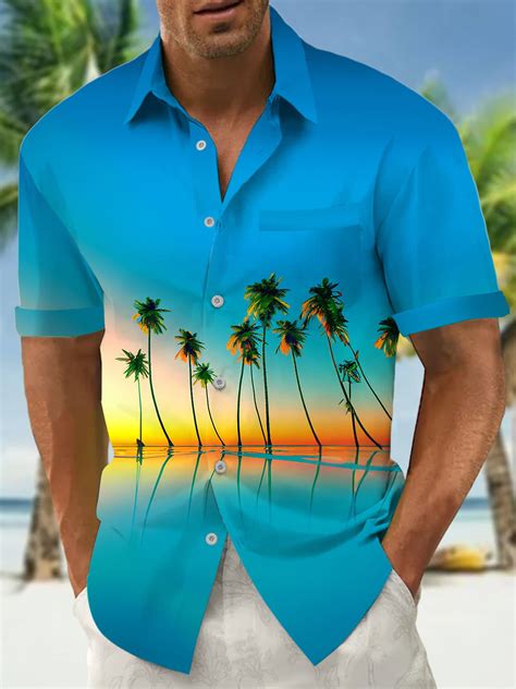 Coconut Tree Sunset Print Mens Pocket Short Sleeve Shirts Adaychic