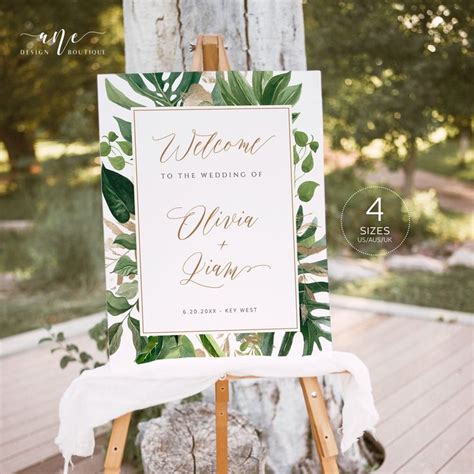 Tropical Wedding Welcome Sign Template Palm Leaf Greenery Beach