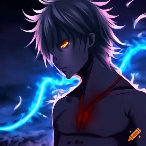 Anime Character With Glowing Blue Eyes And Flames