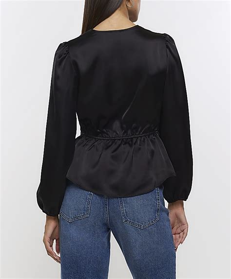 Black Satin Long Sleeve Blouse River Island