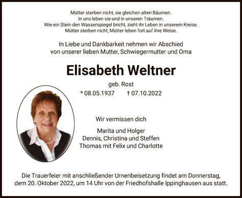 Traueranzeigen Von Elisabeth Weltner Trauer Hna De