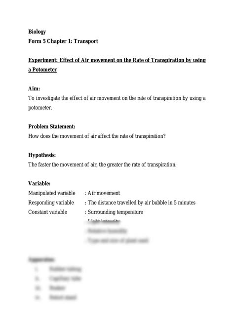 Experiment: Air movement on the Rate of Transpiration using a Potometer ...