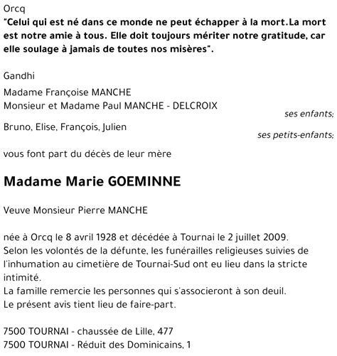 Avis De Décès De Marie Goeminne Décédé Le 02 07 2009 à Tournai