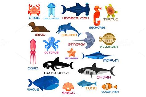 Flat icons of sea and ocean animals | Ocean animals, Shark illustration ...