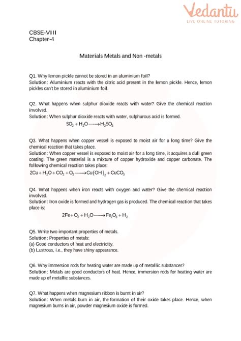 Cbse Class 8 Science Materials Metals And Non Metals Worksheets With