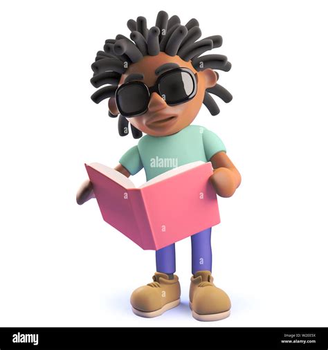 Rendered Image Of A Cartoon Black Man With Dreadlocks Reading A Book