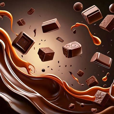 Floating Chocolate Pieces And Splashing Liquid Chocolate Create A