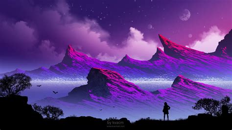 illustration, Kvacm, fantasy art, mountains, purple background HD Wallpaper