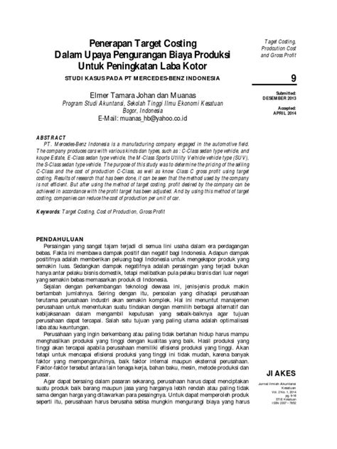 Pdf Pencapaian Terget Costing Dalam Upaya Pengurangan Biaya Produksi