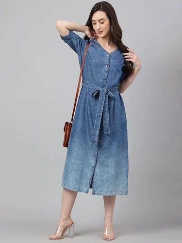 Janasya Women S Blue Denim Solid Straight Western Dress At Rs Piece