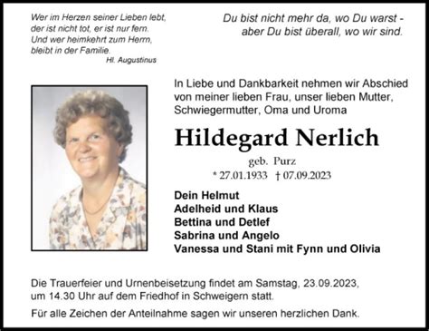 Traueranzeigen Von Hildegard Nerlich Trauerportal Ihrer Tageszeitung