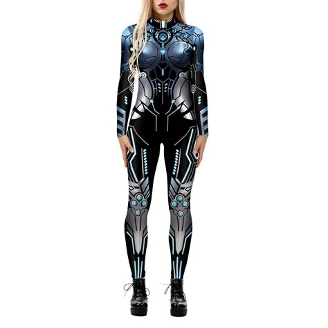 JDEFEG Wide Leg Pant Women Skeleton Robot 3D Printing Bodysuit Zipper Back Full Body Bodysuit
