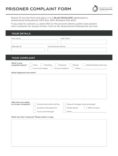 Fillable Online Ombudsman Qld Gov PRISONER COMPLAINT FORM Ombudsman