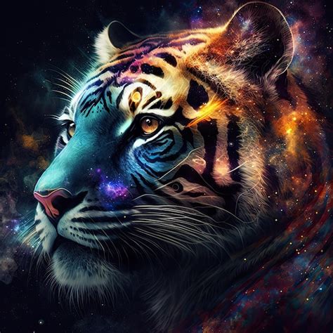 Premium AI Image A Tiger With A Blue Eye And A Purple Nose