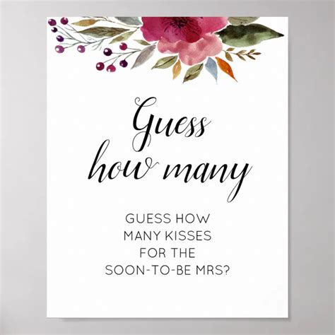 Floral Guess How Many Kisses Bridal Shower Game Poster Zazzle