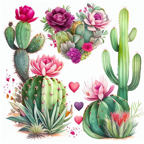 Conjunto De Pintura De Cactus Y Flores Florecientes Por Acuarela Creada