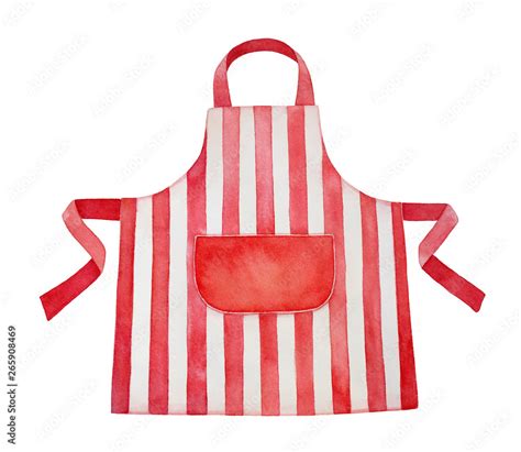 Red and white kitchen apron watercolour illustration. Front view, cozy ...