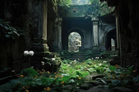 Premium Photo | Forgotten Enclaves Uncovering Ruins Among Shrubs