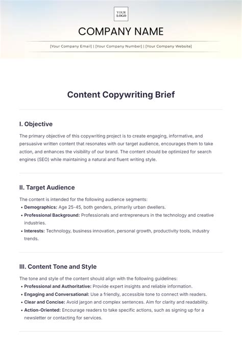 Free Content Copywriting Brief Template Edit Online And Download